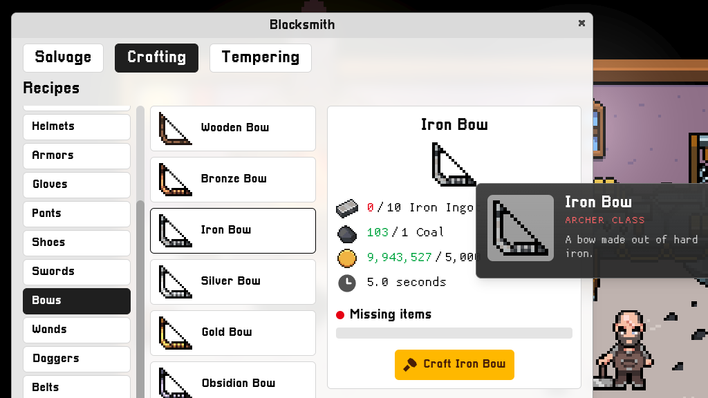 Gather resources to craft items of all kinds via the Blacksmith.